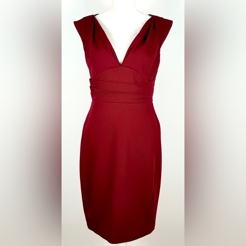 Zac Posen Womens M Sheath Dress Burgundy Cranberry Red V Neck Ruched Cocktail